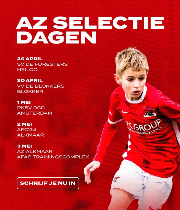 📣 Een nieuwe editie van de <a href="/AZJeugd/">AZ Jeugdopleiding</a>  Selectiedagen staat weer voor de deur. 

⚽ Ook het complex van VV De Blokkers is op 30 april één van de locaties van de AZ Selectiedagen. 

Meer informatie en inschrijflink zijn te vinden op blokkers.nl/1/448/zondag-3…