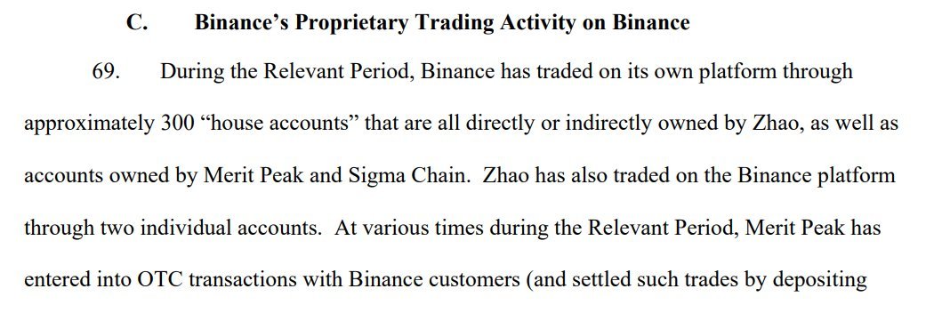 The CFTC claims that #Binance conducted trades on its own platform using around 300 "house accounts" that are owned by Zhao, either directly or indirectly. Additionally, Zhao himself allegedly traded on the Binance platform using two individual accounts (Per