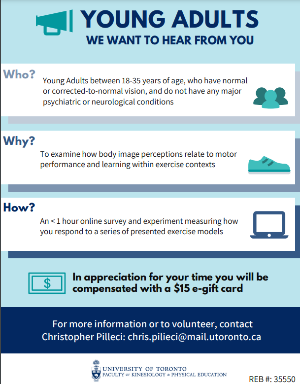 MPARC (@mparc_uoft) on Twitter photo Recruitment alert🚨 
Young adults (ages 18-35) are invited to take part in a study examining body image perceptions, motor performance, and learning!
Interested participants can contact: chris.pilieci@mail.utoronto.ca
Learn more ⬇️ & please share! Recruitment alert🚨 
Young adults (ages 18-35) are invited to take part in a study examining body image perceptions, motor performance, and learning!
Interested participants can contact: chris.pilieci@mail.utoronto.ca
Learn more ⬇️ & please share!