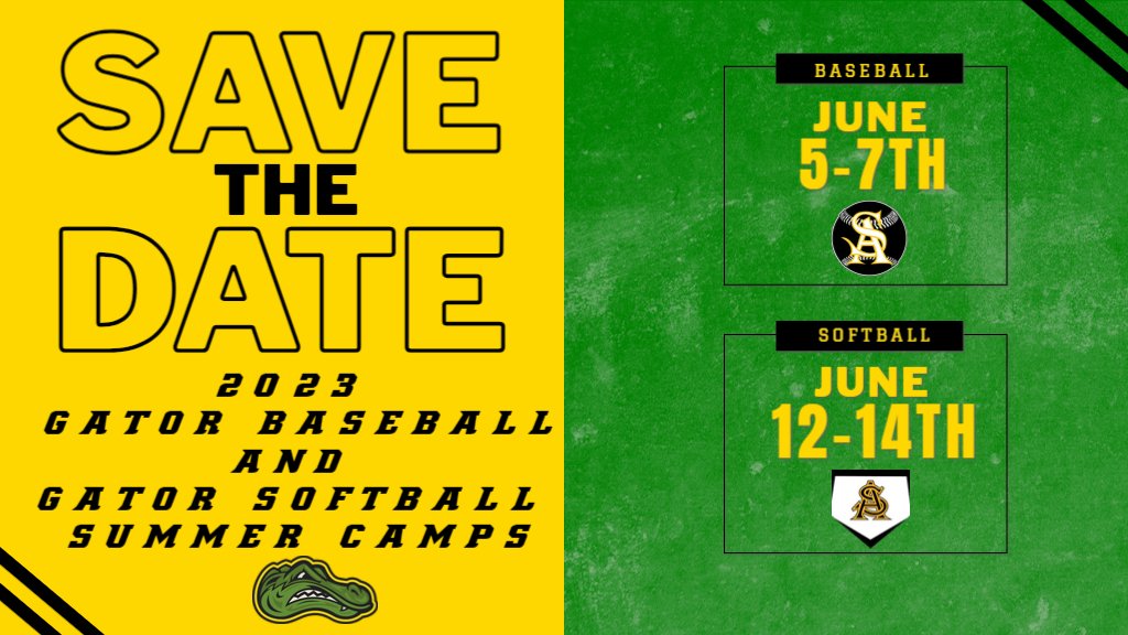 SAVE THE DATE.   SIGNUP[ FOR SUMMER GATOR BASEBALL AND SOFTBALL CAMP IS FAST APPROACHING.   COME SIGN UP FOR THE BEST CAMPS IN THE AREA THIS SUMMER.   ENROLLMENT AND SIGN UP INFO COMING SOON!!!