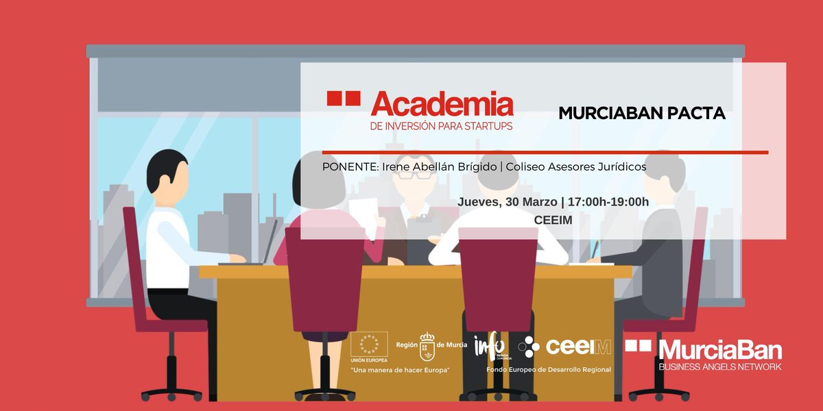 Murciaban's tweet photo. Jueves 30 a las 17:00 en @CeeiMurcia tenemos una nueva cita con #academiadeinversion, con la experta legal Irene Abellán, explicaremos todo lo relativo a #pactodesocios #pactodeinversión un tema crucial para #startups #inversores, -> reserva tu plaza desde https://t.co/hhJSkAo0DV https://t.co/MvyqRun9wy