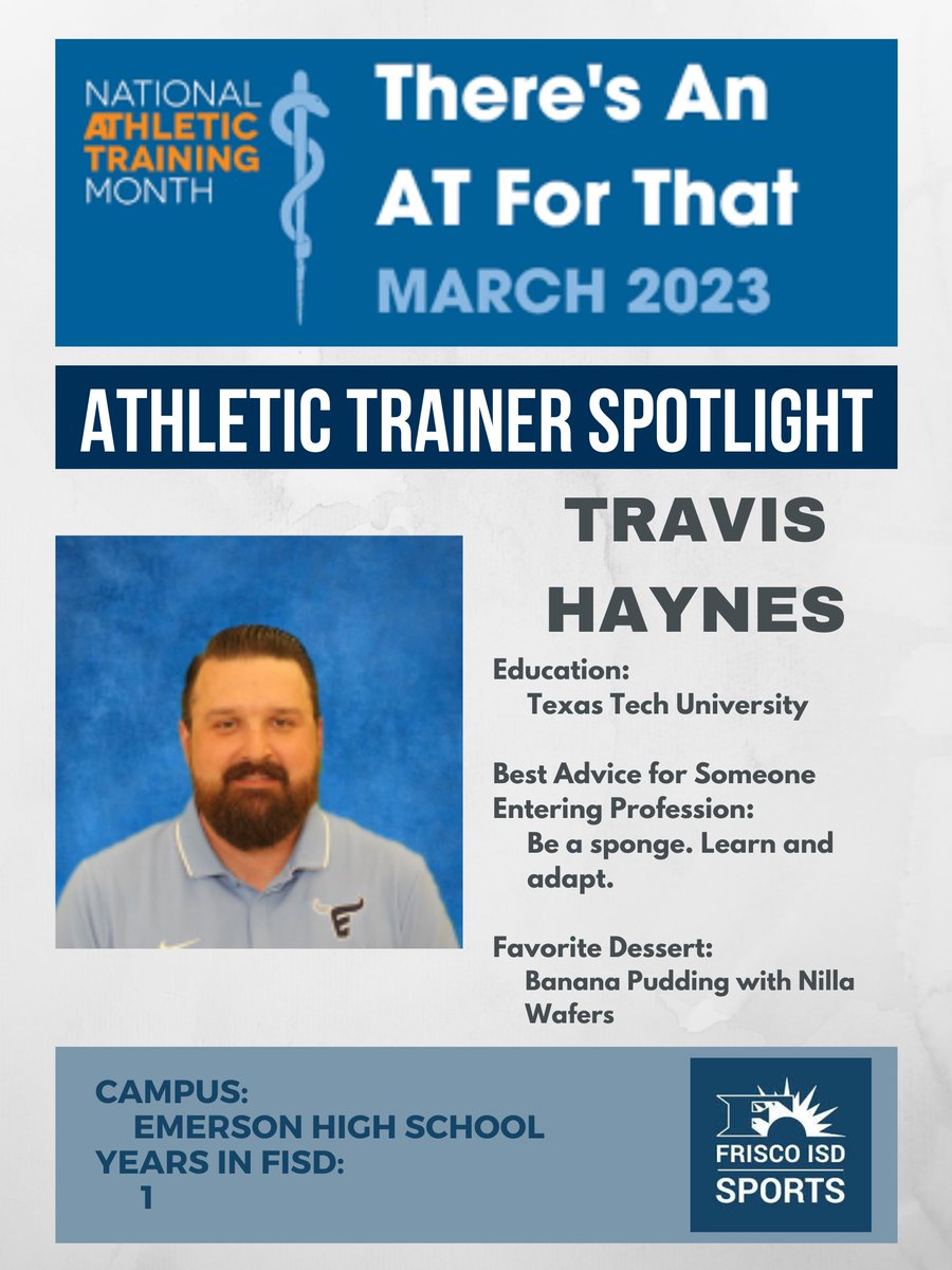 The amazing Athletic Trainers in <a href="/friscoisd/">Frisco ISD</a> help students maximize their potential while also keeping them safe and healthy. During the final days of #NATM2023, we're highlighting these ATs who do so much for our students. Thank you ATs from <a href="/Cen10titans/">Centennial HS</a> and <a href="/EHSFrisco/">Emerson High School</a>!