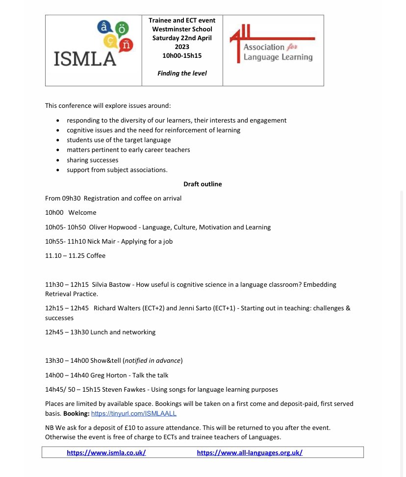 Calling all MFL Trainees and ECTs! <a href="/ismla_uk/">ISMLA</a>  and <a href="/ALL4language/">ALL Languages</a> language teaching conference at <a href="/wschool/">Westminster School</a> on Sat 22nd April. Booking here: tinyurl.com/ISMLAALL

Please share and retweet! 

#mfltwitterati #mfl #ect #edutwitter