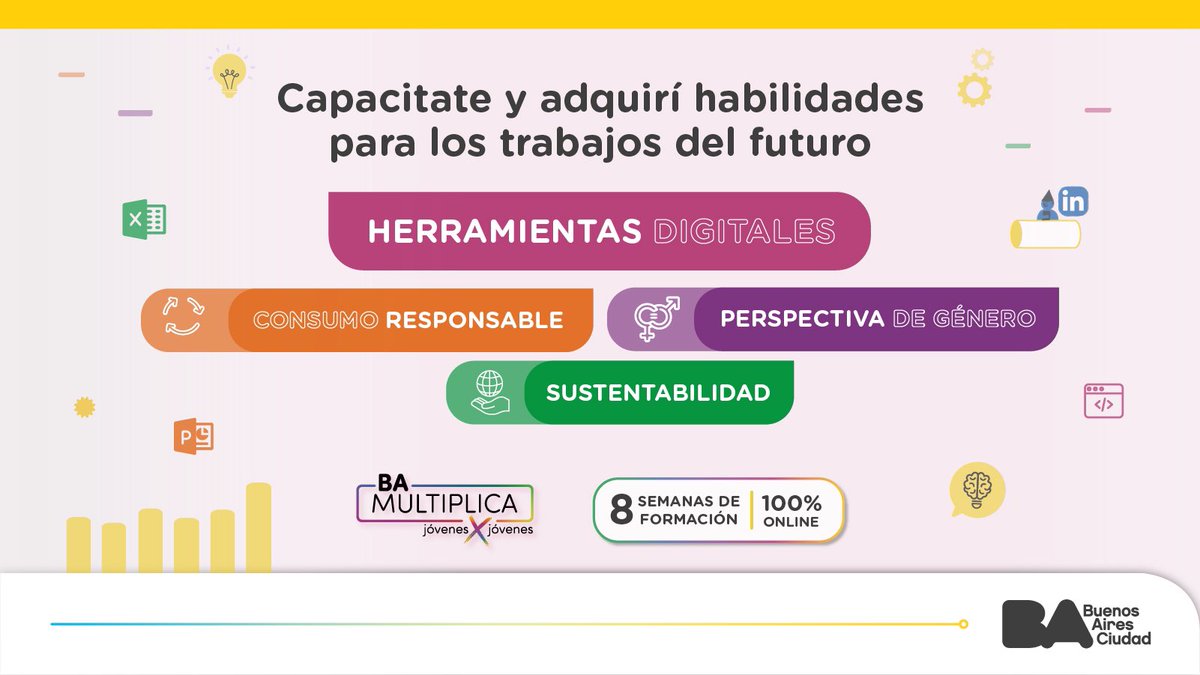 ⚡️VUELVE #BAMULTIPLICA⚡️

💥Sumate y convertite en un agente de cambio para futuros empleos!

📲Herramientas digitales
✊Género en el ámbito laboral
♻️Sustentabilidad
🍻Consumo responsable

📝Para saber más e inscribirte 👉 bit.ly/3JGFbp2