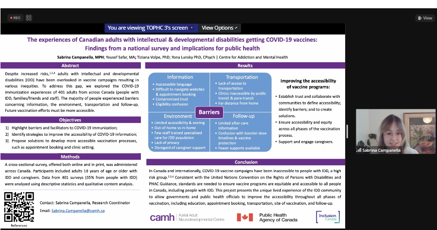 TOPHCtweets's tweet photo. The majority of Canadian adults with intellectual &amp; developmental disabilities surveyed experienced barriers to getting COVID-19 vaccines including: information, the environment, transportation, and follow-up. #TOPHC2023 poster presentation. @CAMHnews https://t.co/IYUjjIsQl6