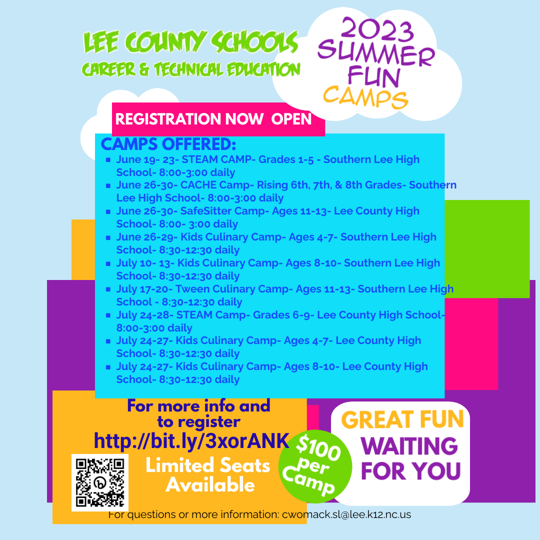 leecoschoolsnc's tweet image. Plenty of opportunities for CTE Learning over the Summer! Check out this list of camps and register your students for some summer fun today!
Sign Up Links &amp;amp; Information: bit.ly/3xorANK
#CTELearning #SummerCamps