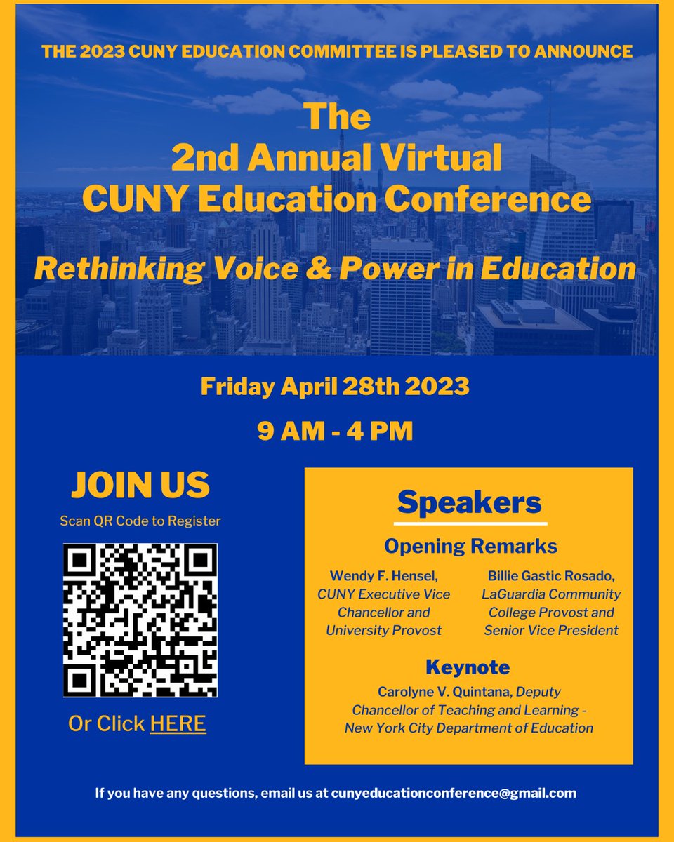 Register for the CUNY Education Online Conference 2023 on April 28th, 2023! 

#CUNYEDCON23 where education faculty, staff, and partners come together to Rethink Voice and Power in Education K-12+. Register here.

👥 200+ attendees 
✨ 30+ presenters