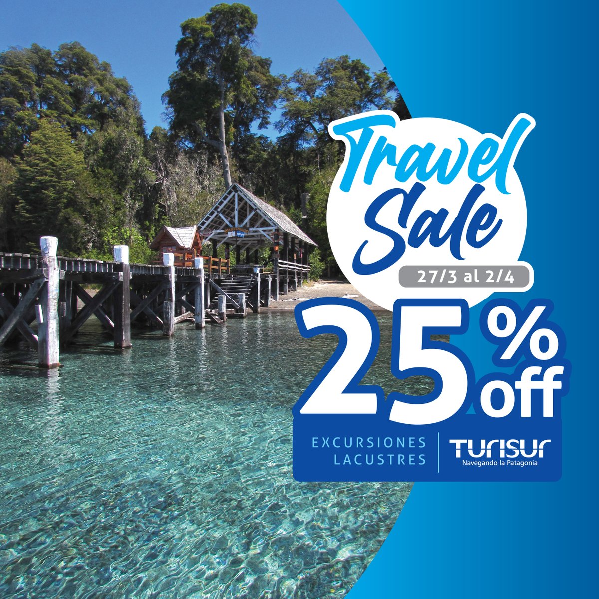 TurisurBrc's tweet photo. TRAVEL SALE- Del 27/3 al 2/4 25% off en excursiones lacustres + 6 cuotas sin interés.
Para viajar hasta el 30/6.
#TravelSale #TravelSale2023 #descuentos #bariloche https://t.co/cCgVFRFTKc