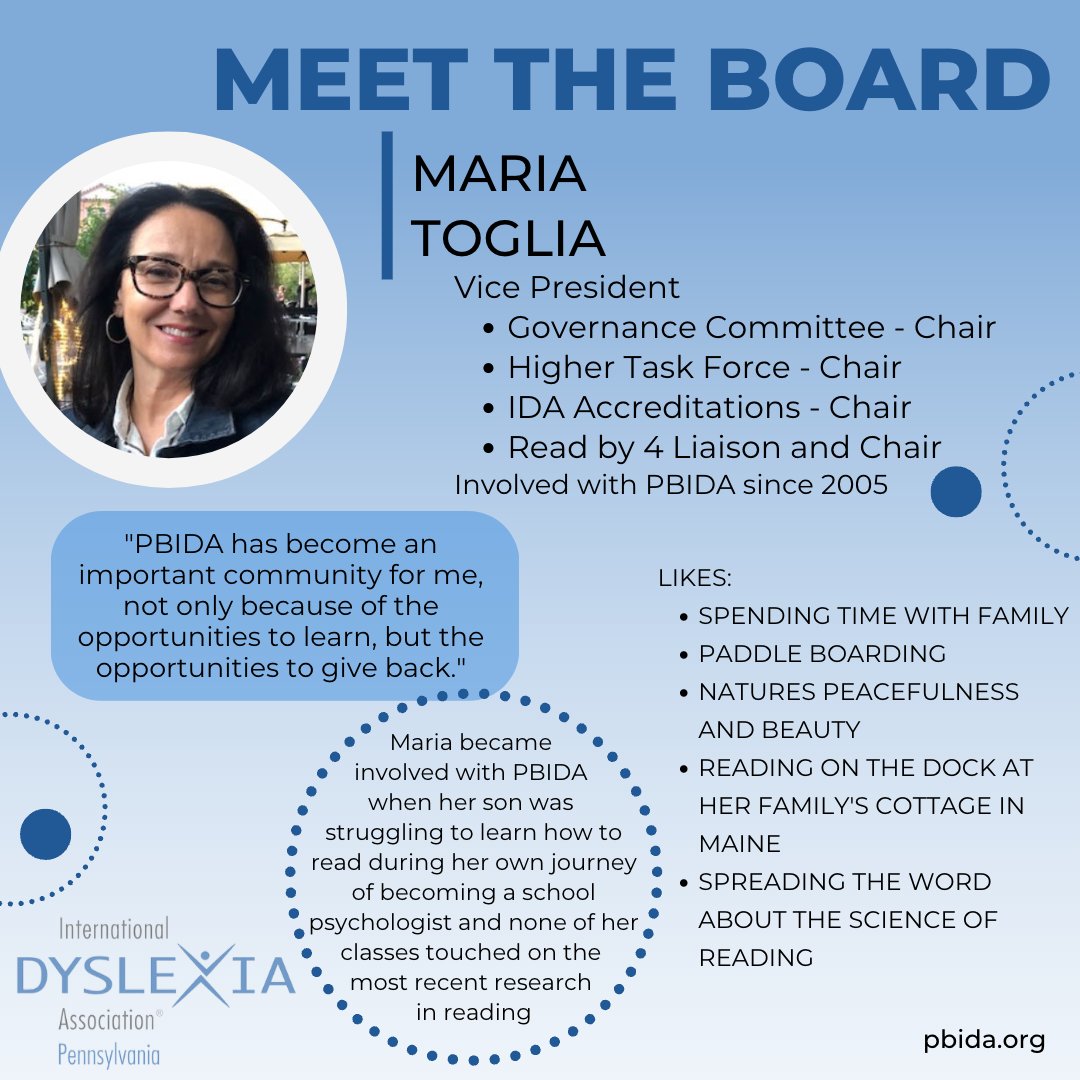 pabranchida's tweet photo. Maria Toglia, Ed.D. began her career as an outpatient child and adolescent therapist in community mental health. She holds an Ed.D. in Educational Leadership and Management from Drexel University, and is the parent of two children, including an adult son with #dyslexia. 
#PBIDA https://t.co/W7dNTKbUEH