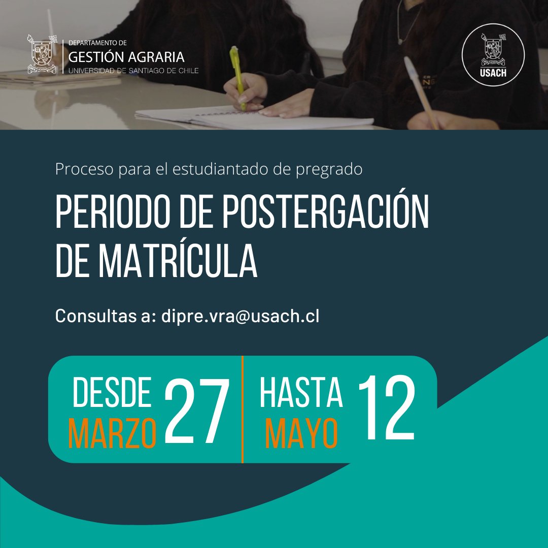 dga_usach's tweet photo. 🚨 ¡Ojo! Comienza el periodo de postergación de matrícula para los estudiantes de pregrado USACH 🦁.

Para realizar el trámite que posterga el pago de la cuota básica 2023, debes ingresar a https://t.co/r8i0kHbYxE 💻

📥 Consultas a: dipre.vra@usach.cl https://t.co/O1iV0XoYip