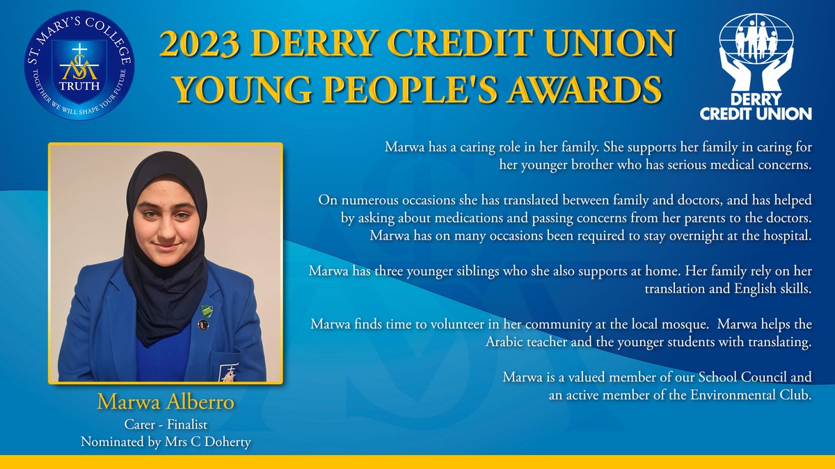 ⭐ 2023 Derry Credit Union Young People's Awards ⭐

Meet our finalists and nominees across seven categories..... 

We are very proud of our pupils. 

We wish all young people across our city the very best of luck for tonight's award ceremony.