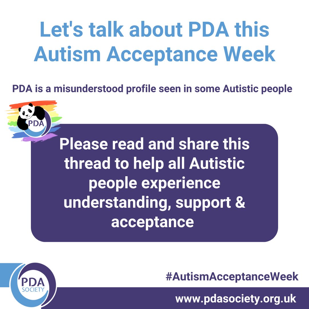PDASociety's tweet photo. It's #AutismAcceptanceWeek and we want all Autistic people to be understood, accepted &amp; correctly supported, but there are many PDA Autistic people who aren’t, because of how misunderstood PDA is - please read and share this thread to help change this. 

Let's talk about #PDA ... https://t.co/rTvO322Qa4