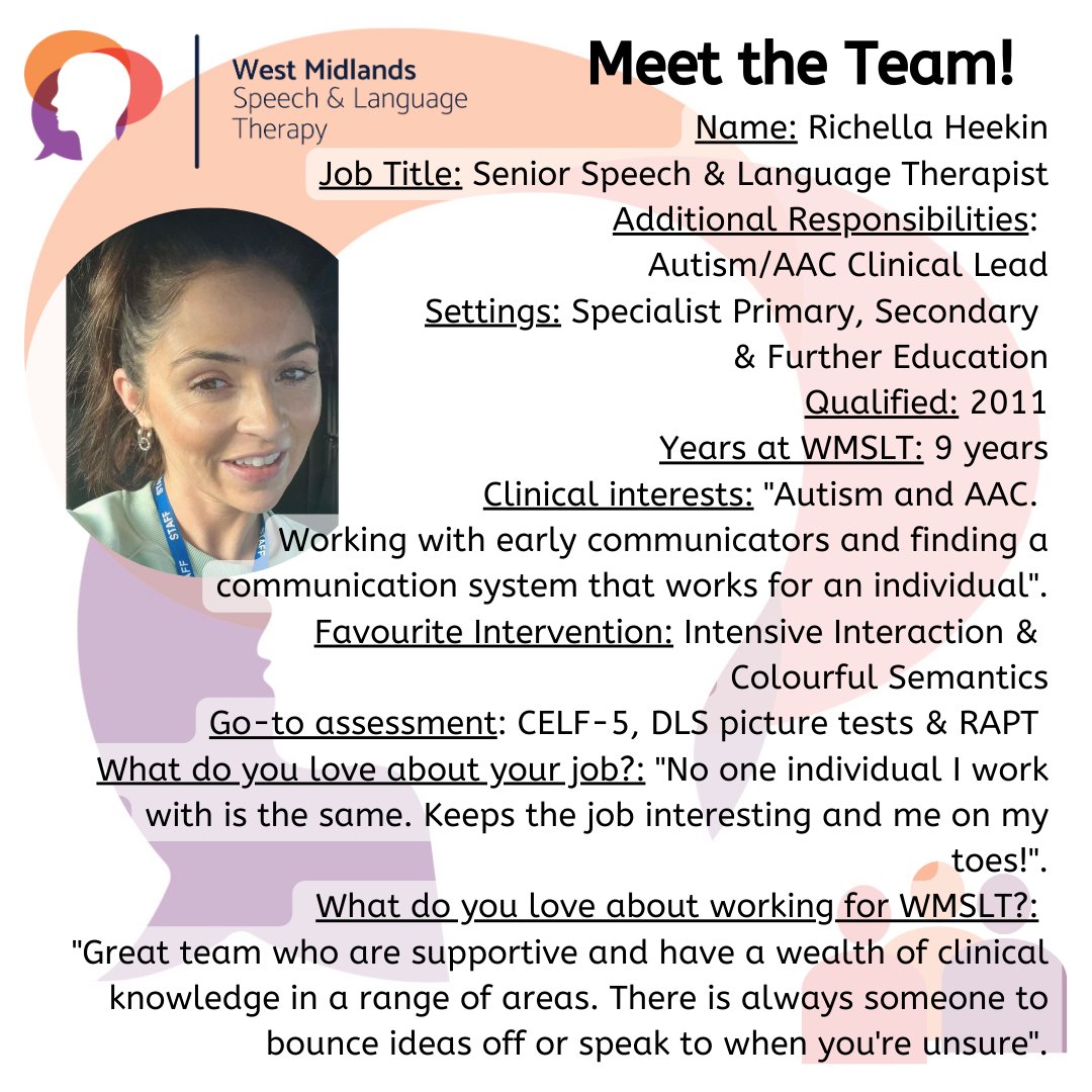 #MeetTheTeam
Meet Richella 👋 - Senior #SLT

Richella is our #Autism and #AAC Clinical Lead and is mainly in Specialist Settings.

#AACsupport #ColourfulSemantics #SEND #intensiveinteraction #communication #SLCN #speechandlanguagetherapy