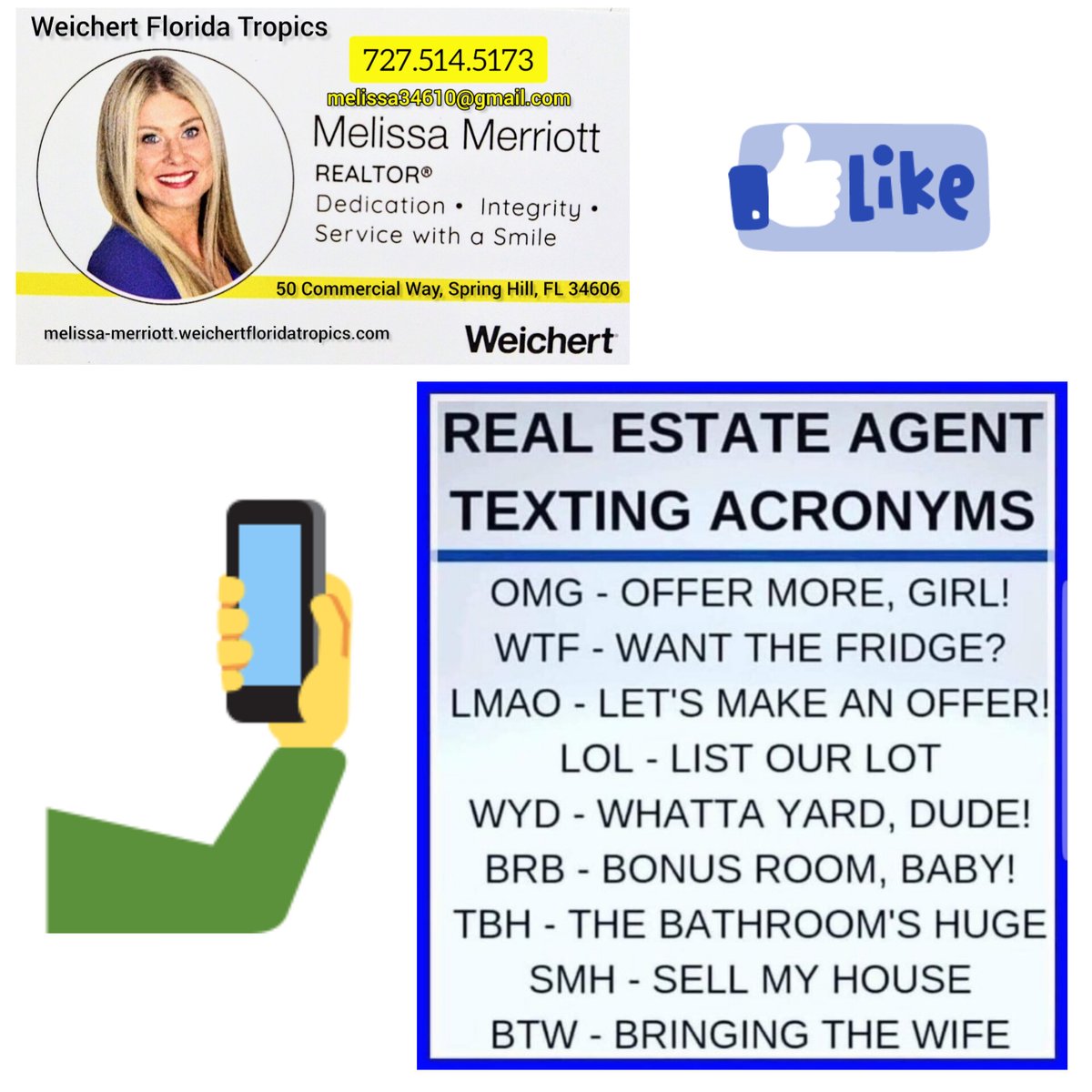 Melisa1Realtor's tweet photo. Melissa Merriott ๐ โฅ๏ธ
REALTORยฎ
Weichert, Realtors - Florida Tropics
Direct: 727-514-5173
Site: https://t.co/hXIAETXI1s
50 Commercial Way
Spring Hill, FL 34606
#floridarealtor #floridarealestate #lookingforahome #lookingtobuy #lookingtosell #texting #textingmemes https://t.co/vjDAQq24YB