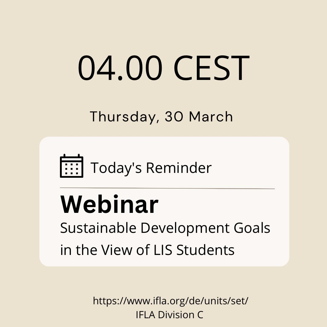 ifla_set's tweet photo. It’s still time! 

Register today for our webinar on Sustainable Development Goals: https://t.co/VH2kyRNxu0

#iflaset #webinar @iflaglobal #lisstudents #weareifla #sdg #sustainability #sustainabledevelopmentgoals https://t.co/Amh13f6csr