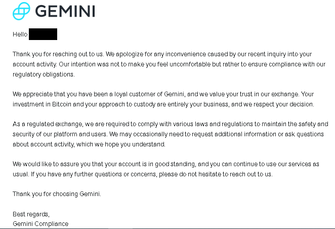 AmishBTC's tweet photo. More or less the response I expected, but tots lame. "Your investment in Bitcoin and your approach to custody are entirely you business, and we respect your decision."  So they're agreeng that they were prying for info that was none of their business; am I reading that correctly? https://t.co/y2x8UHRMiY