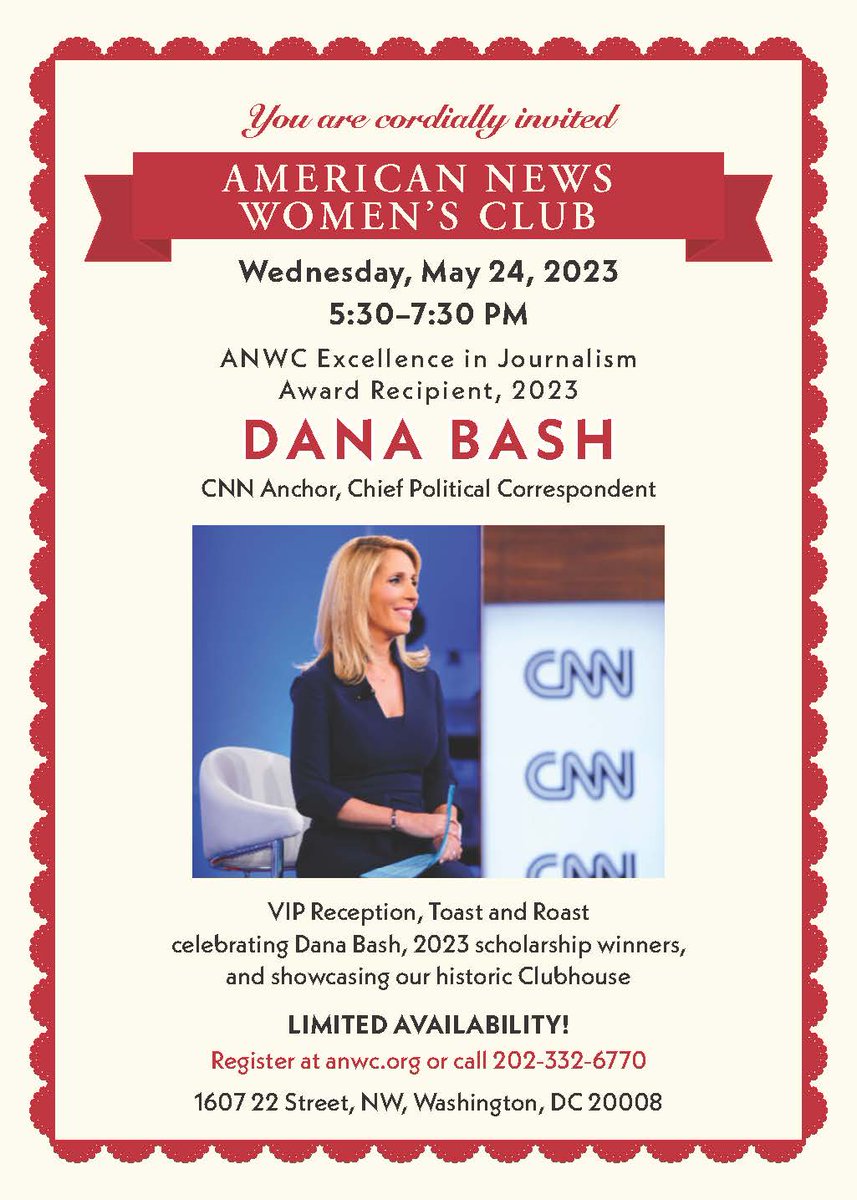 Registration Open! Please join us at the ANWC Clubhouse (NEW this year) for a VIP reception, toast, and roast to celebrate CNN's Dana Bash and Excellence in Journalism at its very finest to benefit scholarships and our historic Clubhouse. anwc.org/eij-2023-dana-…