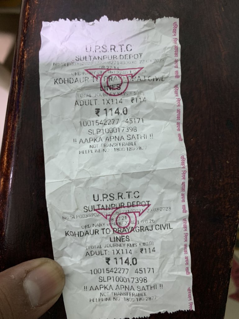 Neheart_shael's tweet photo. MY FATHER TRAVELLED from KOHANDAUR TO PRAYAGRAJ 
with UPSRTC bus.
the Bus no. is  UP44 BT 3240 and time as per the Ticket is morning 8.27Am.
HE PAYED TO HIM 500 rupees and the conductor didn’t had Changed so At back side of ticket he wrote “272 BALance” bt he didn’t pay back. https://t.co/ykPwvmuU3z