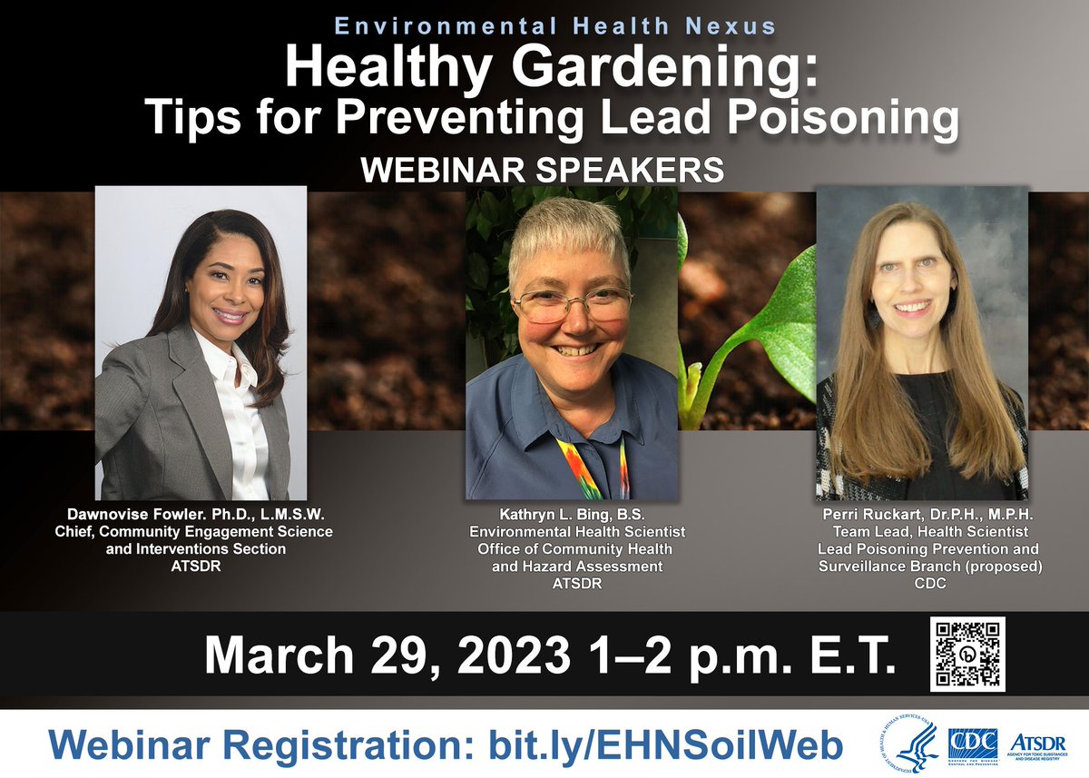 CDC_eHealth (@cdc_ehealth) on Twitter photo Learn #HealthyGardening and safety tips on lead exposure in soil from CDC and #ATSDR experts!
Join <a href="/CDCEnvironment/">CDC Environment</a>’s #EnvironmentalHealth Nexus webinar on March 29 at 1 pm ET to learn more and find out about upcoming #EarthDay events.
Register: bit.ly/EHNSoilWeb. #EHNexus Learn #HealthyGardening and safety tips on lead exposure in soil from CDC and #ATSDR experts!
Join <a href="/CDCEnvironment/">CDC Environment</a>’s #EnvironmentalHealth Nexus webinar on March 29 at 1 pm ET to learn more and find out about upcoming #EarthDay events.
Register: bit.ly/EHNSoilWeb. #EHNexus