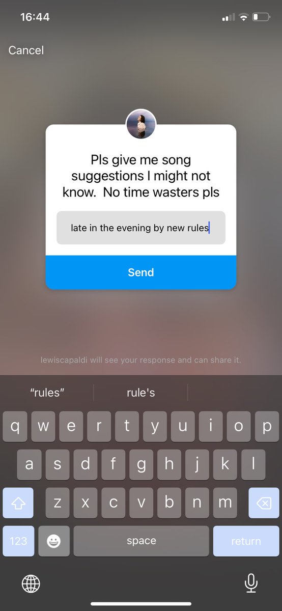 NewRulesIE's tweet photo. Lewis capaldi is currently asking for song recommendations on his IG story!! Let him know about late in the evening (i think he would like that song) @newrulestweets @LewisCapaldi https://t.co/KtiRW43EwZ