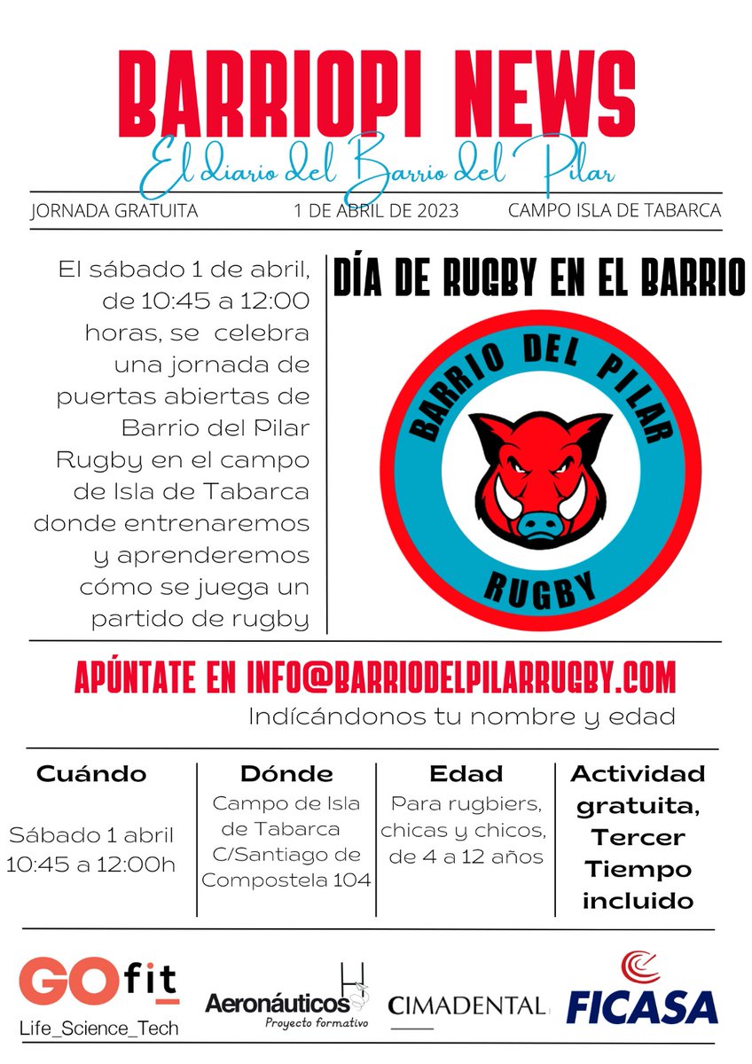 🤩 TENEMOS UN NOTICIÓN 🤩

🗓 El próximo SÁBADO 1 DE ABRIL tenemos una jornada puertas abiertas. 

📍Campo Isla de Tabarca, de 10:45 a 12:00. 

🏉 Queremos un DÍA DE RUGBY en el Barrio del Pilar. 

📝 Escríbenos para APUNTARTE, ¡no te lo puedes perder!
