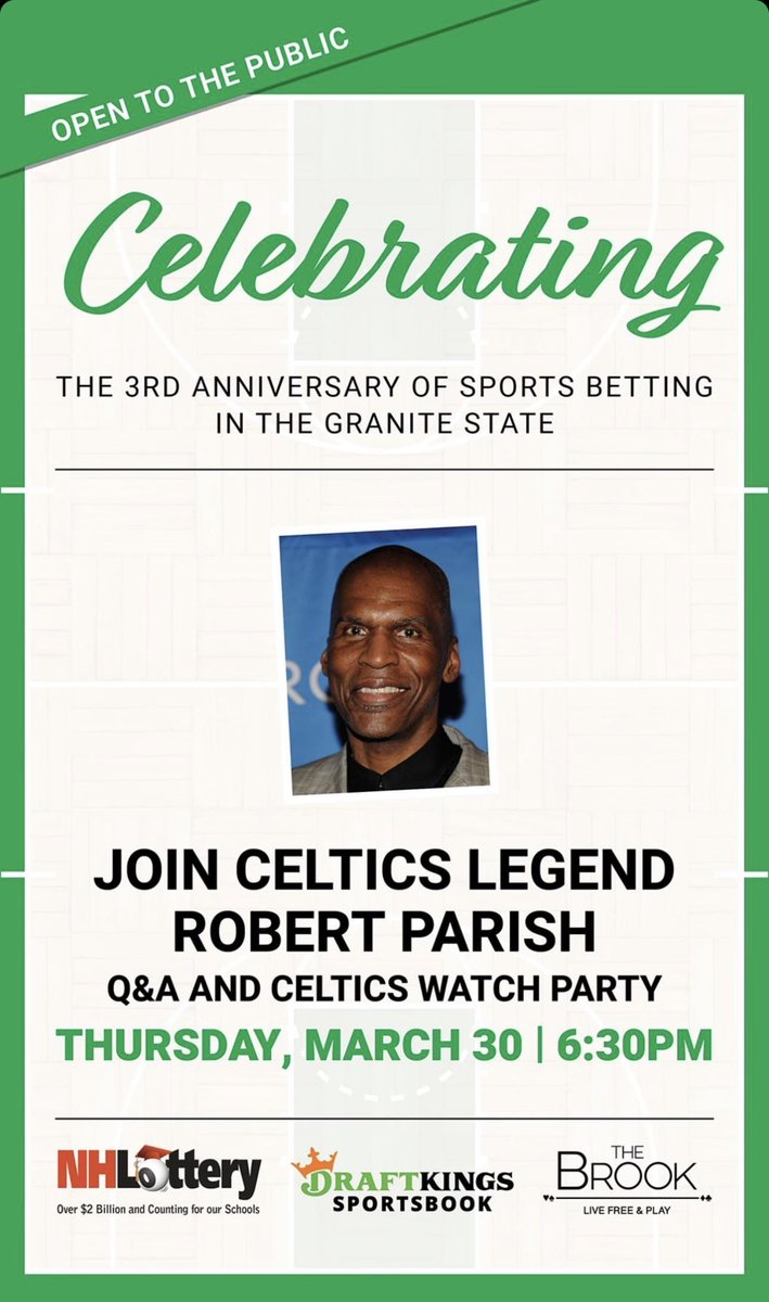 Celtics Watch Party And Q & A with HOFer Robert Parish Thursday Night 6:30 PM 📍The Brook in Seabrook NH