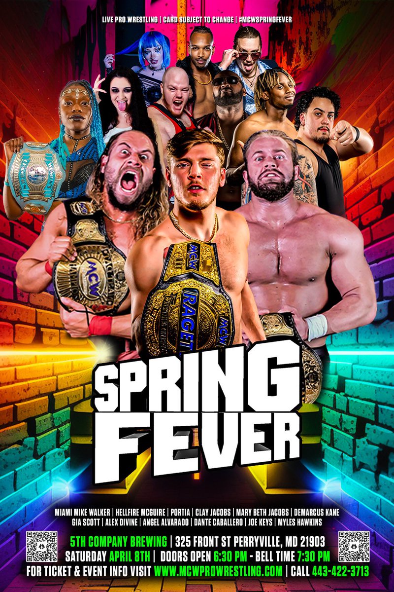 #CheckThis Out 👇👇 The card so far for our return to Perryville, #Maryland on Saturday April 8️⃣ for Night 1️⃣ of the 2023 #MCWSpringFever Tour 🔥🔥🔥 🏆 #MCW TagChampionships 🏆 @CupOfJoeKeys & @VivaDanteViva (c) 🆚 Alex Divine & @AngelUnkn 🏆 linktr.ee/mcwprowrestling…