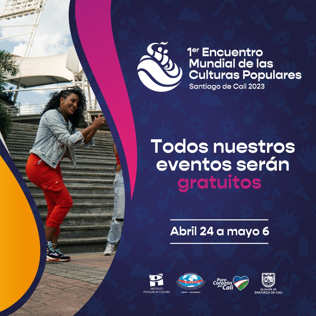 Todos los eventos del 𝗜 𝗘𝗻𝗰𝘂𝗲𝗻𝘁𝗿𝗼 𝗠𝘂𝗻𝗱𝗶𝗮𝗹 𝗱𝗲 𝗹𝗮𝘀 𝗖𝘂𝗹𝘁𝘂𝗿𝗮𝘀 𝗣𝗼𝗽𝘂𝗹𝗮𝗿𝗲𝘀 serán entrada libre al público.
Caleños y visitantes podrán disfrutar de espectáculos de talla mundial de manera gratuita. 😉👌
#CaliTeQuiere #CaliEsCulturalMundial