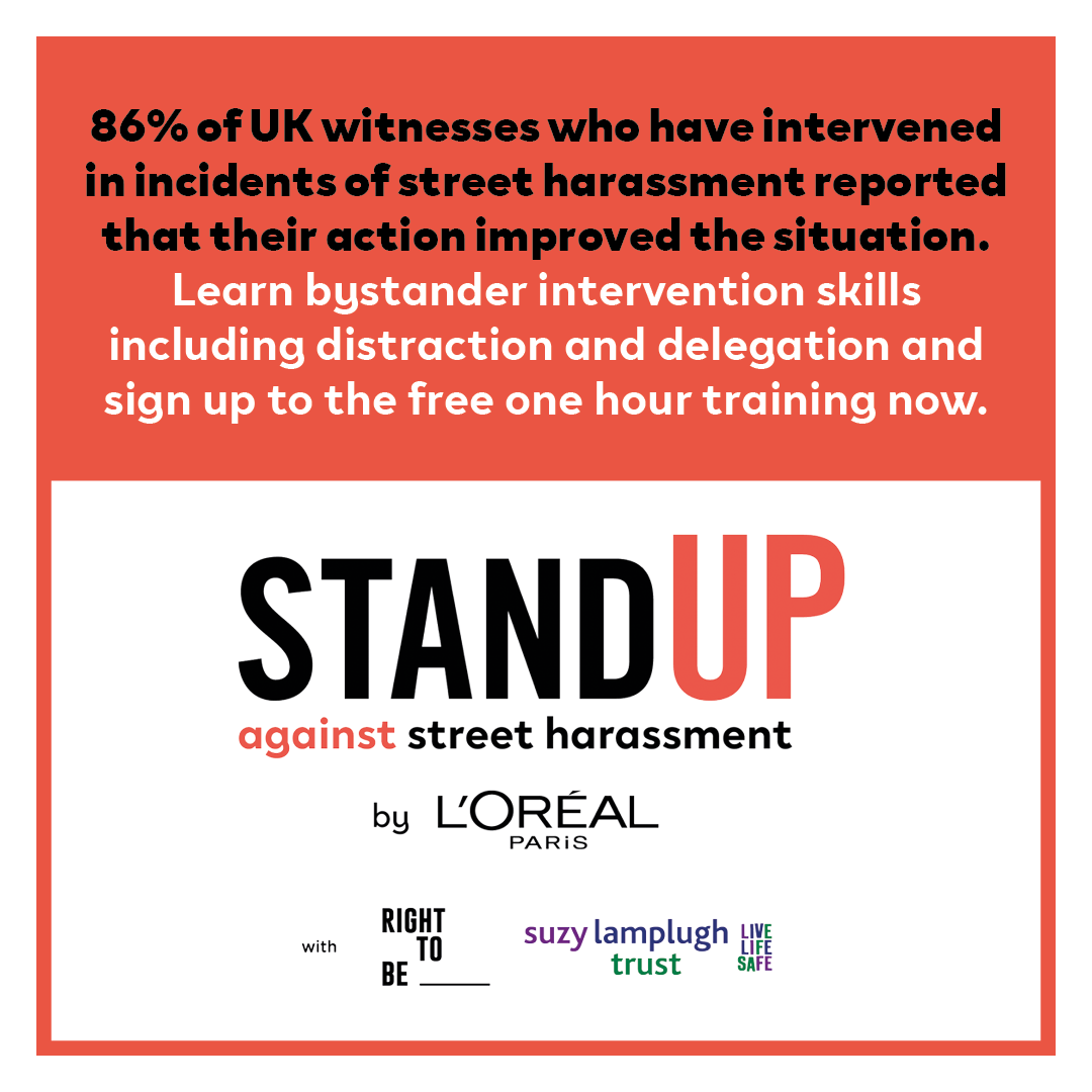 This training empowers delegates to be active bystanders when they see harassment taking place.

These free 1-hour webinars are available to book now, focusing on the 5 D’s of bystander intervention. Sign up below and stand up to #harassment.⬇️
suzylamplugh.org/anti-harassmen…