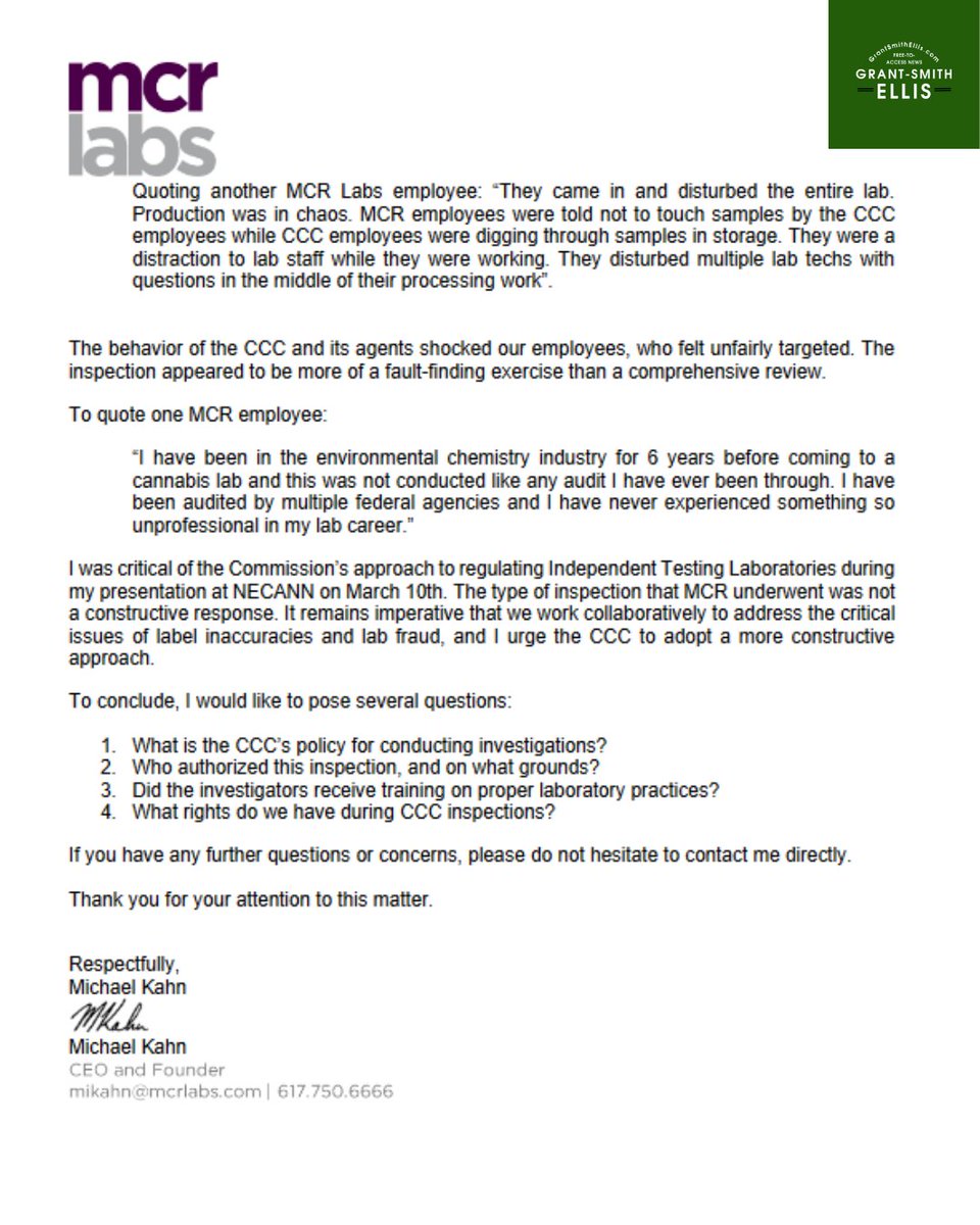 BREAKING NEWS;

<a href="/MCRLabs/">MCR Labs</a> sent this scathing 3-page letter to all 5 <a href="/MA_Cannabis/">Massachusetts Cannabis Control Commission</a> Commissioners regarding a 3/21/23 unannounced inspection by CCC staff.

The letter alleges MCR staff were physically assaulted by CCC employees, that CCC staff handled samples without gloves and that