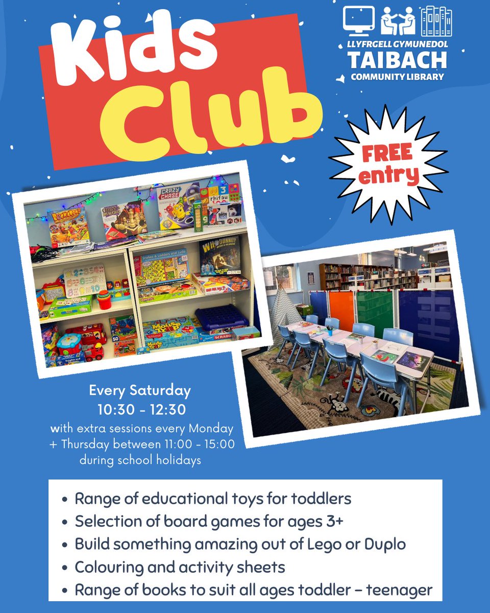 TaibachLib's tweet photo. Extra Kids Club sessions will take place during the Easter Holidays:
Monday 3rd April 11:00 - 15:00
Thursday 6th April 11:00 - 15:00
Thursday 13th April 11:00 - 15:00
Children must be accompanied by a responsible adult at all times. https://t.co/F0gmLsjS6o