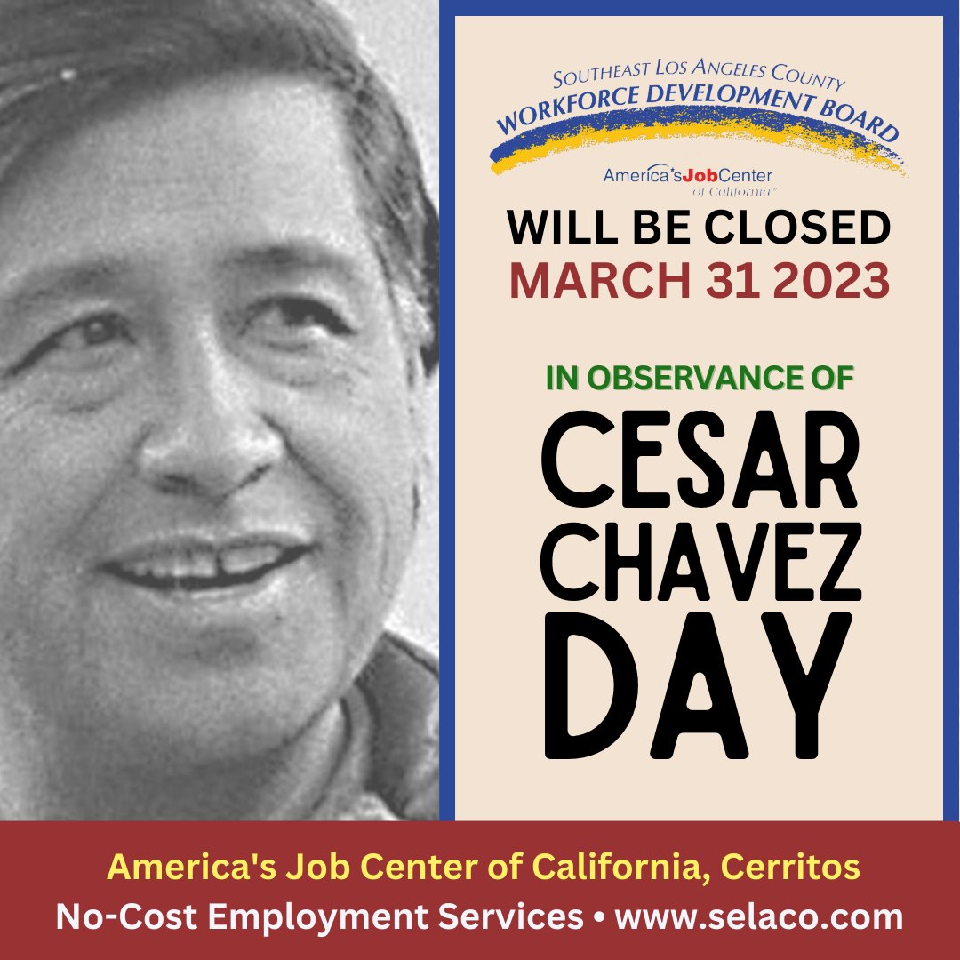 SELACOWIB's tweet photo. We will be open during our regular hours 8am to 5pm, Monday to Friday on Monday, April 3rd.10900 E. 183rd Street, Suite 392 Cerritos, CA 90703 #ajcc #cerritosjobcenter #cerritosca #jobsearchassistance #selacowdb #WorkforceDevelopmentBoard https://t.co/jgTMJf7cVX