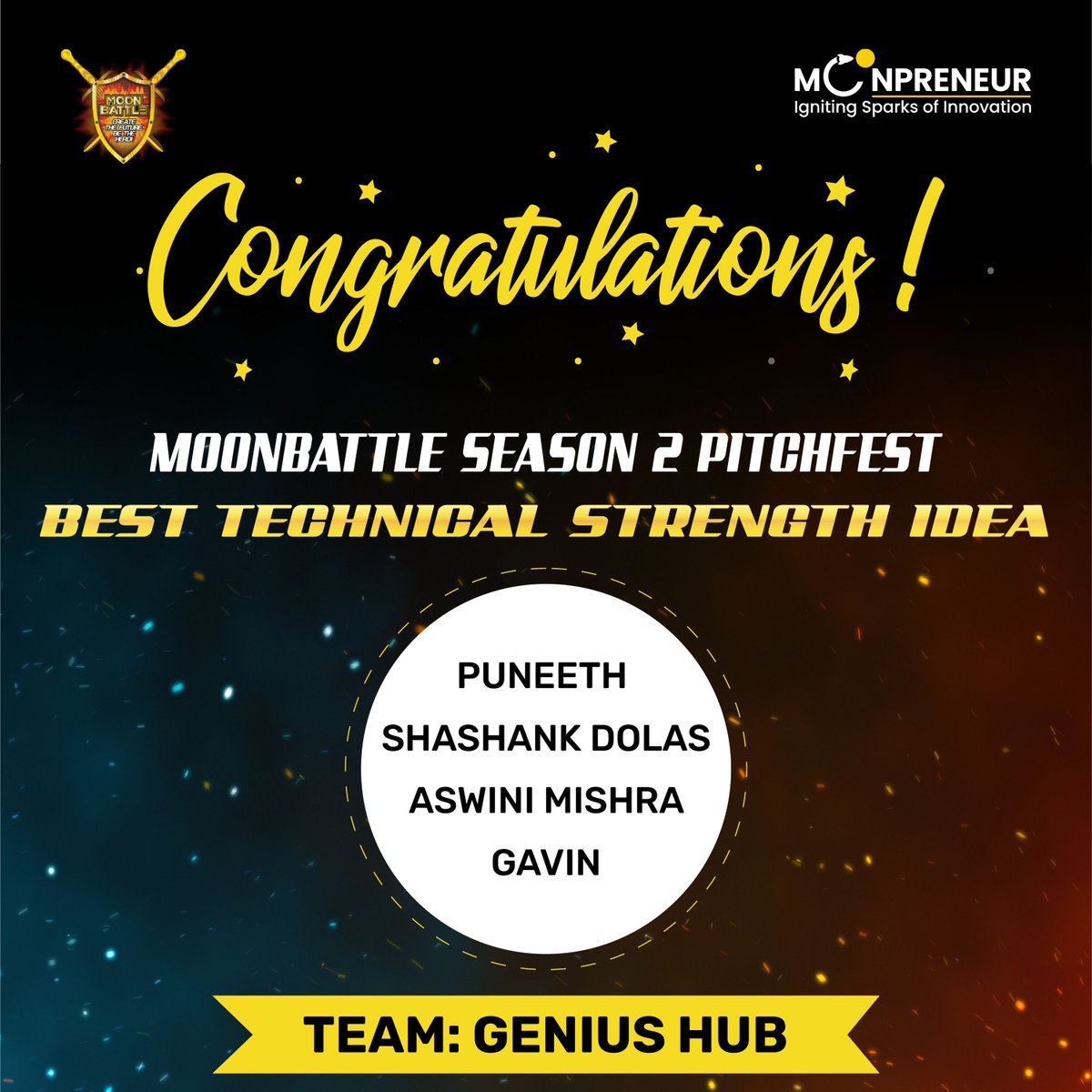 AlokkJain's tweet image. Congratulations to Team Genius Hub for winning the Best Technical Strength Idea Award in MoonBattle Season 2!
In case you missed their pitch and the mega-event, here is the link - youtube.com/watch?v=aKrsG1โฆ
#MoonBattle #techcompetition #moonbattle #moonpreneur #empowertheplanet #c