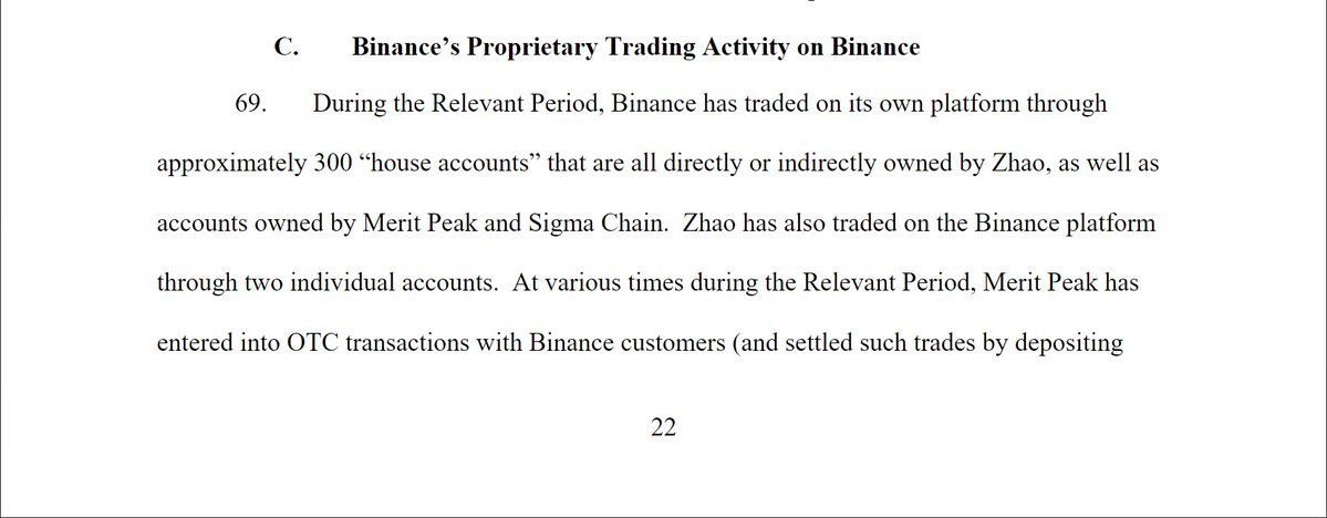 ImNotTheWolf's tweet photo. So Binance is being sued by the CFTC (USA) for basically having a 'secret' in-house trading desk with 300 accounts.

This states that Binance is basically trading against all of their users, with their 'quant' desk using private transactional data.

It seems they also "sold" it to "Merit Peak" and "Sigma Chain".

tl;dr - Binance has an insider trading desk with data to all of your stops and have been trading against you for years. (duh)

I've stated over and over that Binance is no different than Bitmex.