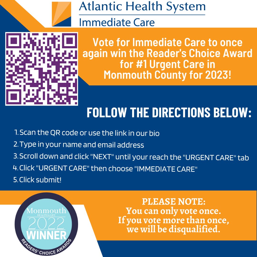 ImmediateCareNJ's tweet photo. Vote for Immediate Care to once again win the Reader’s Choice Award for #1️⃣ Urgent Care in Monmouth County for 2023! Scan the QR code or use the link below to vote now ✔️ 
.
Voting ends April 15th.
.
https://t.co/8OxbYS4AeL https://t.co/vNwMMtcdlc