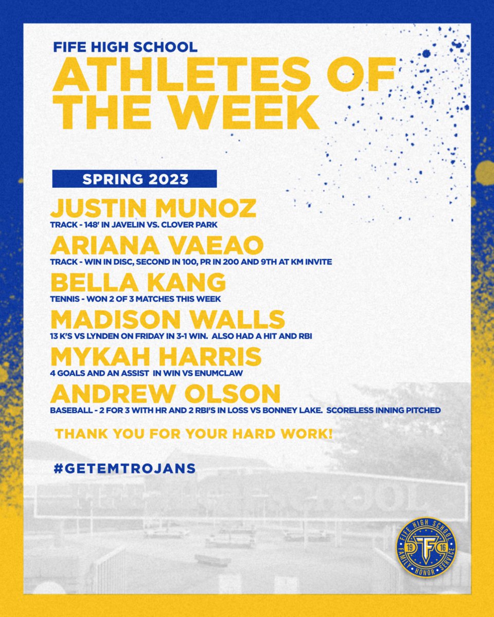 Another week of amazing athletes at Fife High School.  Poll will be up later today for your favorite!  #AStudentAbove is a <a href="/jerseymikes/">Jersey Mike's Subs</a> program to promote high school athletes.  Each week we give away a free sandwich to 2 athletes! #GetEmTrojans