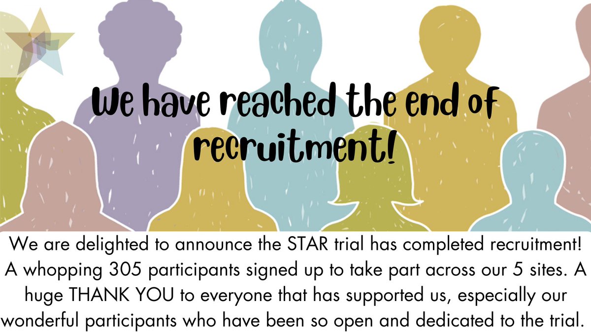 We are delighted to have reached the end of recruitment for STAR! So grateful to all our participants, the teams involved and our many collaborators. A huge thank you to everyone who helped us get to this stage.