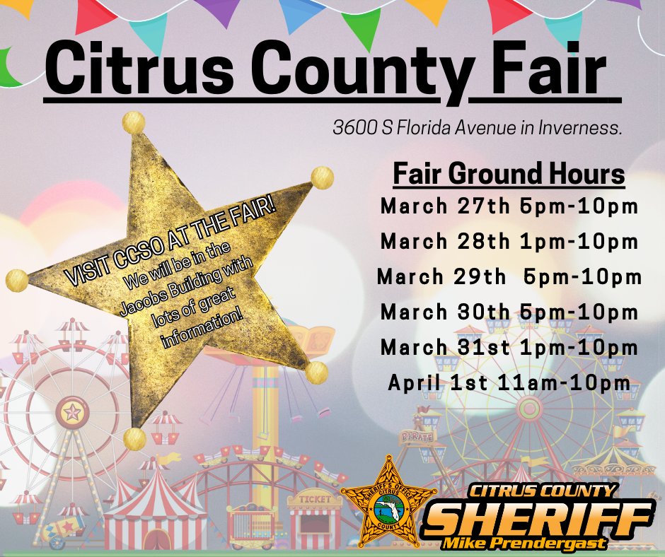 SheriffCitrus's tweet photo. Citrus, come visit us at the County Fair!
The Citrus County Fair starts TONIGHT.
Be sure to stop by the CCSO fair booth for information on a variety of topics, safety panels, and programs/services that CCSO can offer you.
#CCSOConnecting #CCSOHavingFunAtTheFair
1726 https://t.co/8e1Ob4Ik0X