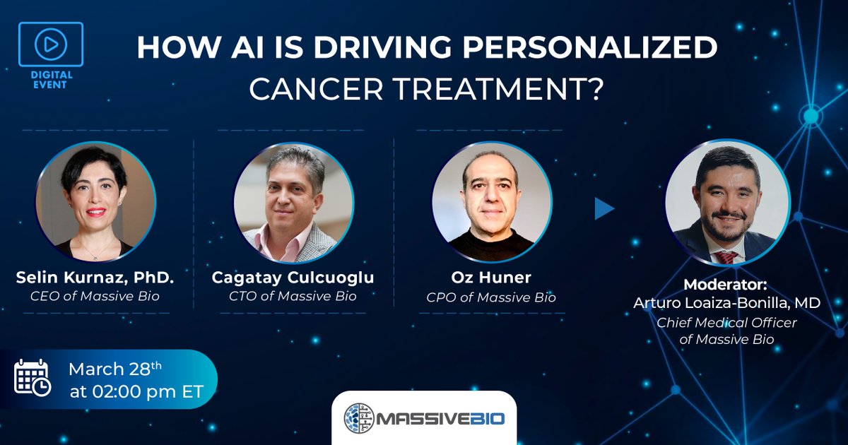MassiveBio's tweet image. 📌Last Chance! Get a reminder for "How AI is Driving Personalized Cancer Treatment"

👉: facebook.com/events/1138548…
🗓️: March 28th 2:00 pm ET

RSVP to learn more about AI's new role in cancer treatment and get the chance to ask your questions during the live Q&amp;amp;A!