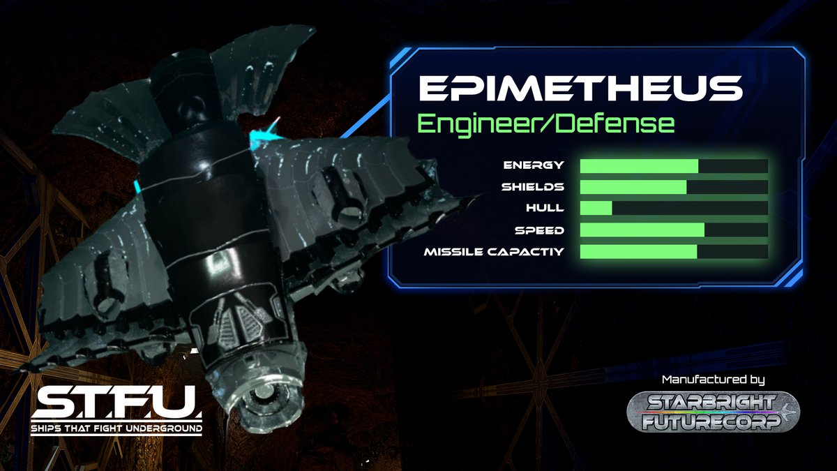 Here's one for the speed demons. The Epimetheus is quick and nimble, but not the sturdiest ship in the galaxy.

#STFU #STFUGame #Gaming #PCgaming #Space #Scifi #indiegames #indiedevs #gaming #gamer #games #Web3 #6dof