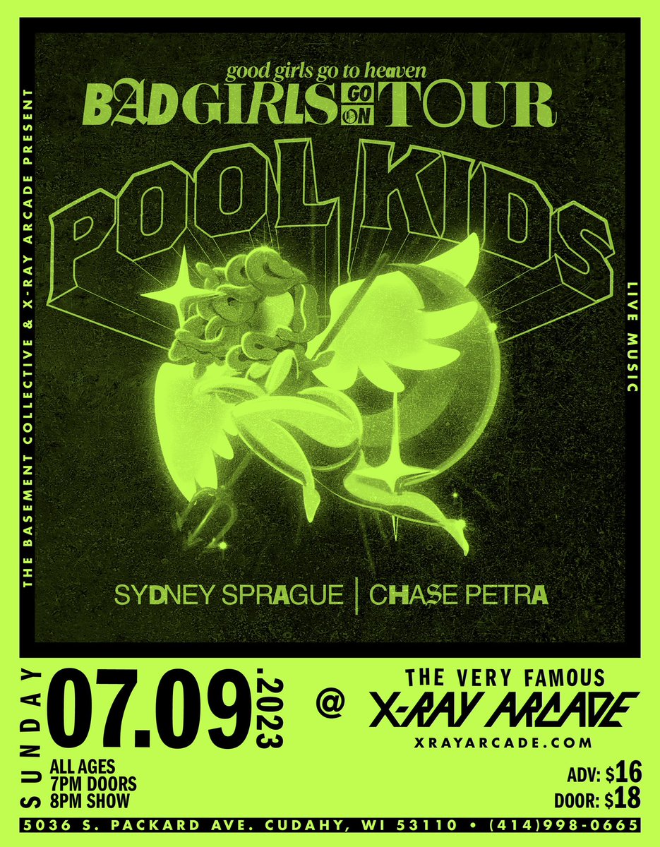 booking one of my favorite bands this summer!! july 9th at <a href="/xrayarcade/">The Very Famous X-Ray Arcade</a> 

<a href="/poolkidsband/">pool kids</a> 
<a href="/sydneysprague/">Sydney Sprague</a> 
<a href="/chasepetramusic/">Chase Petra 🍉 free Palestine</a> 

tickets on sale friday at 10 am. in the mean time, give this an RT to let the people know.