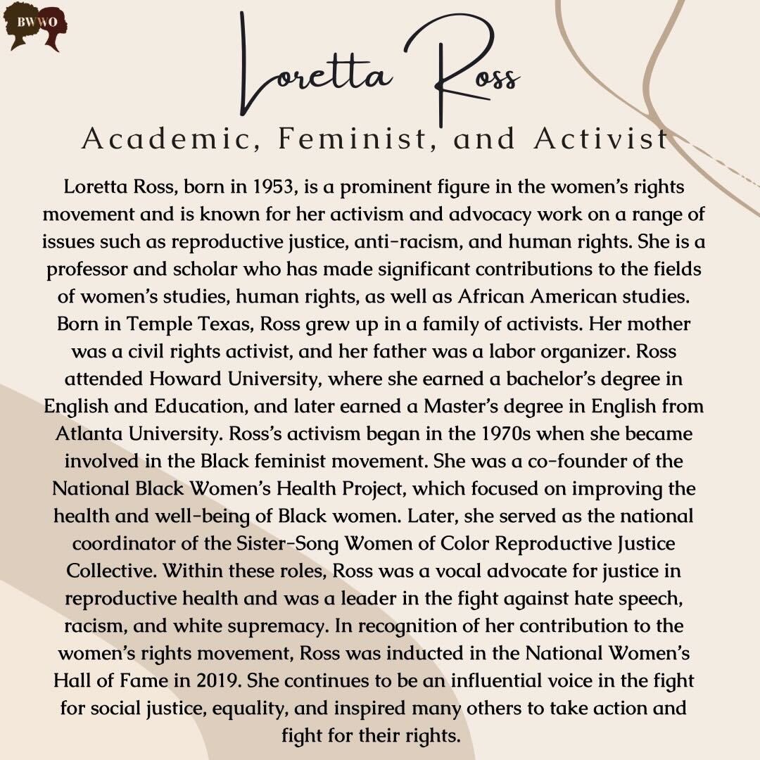 This week we are celebrating Loretta Ross, an amazing academic and activist. Happy women’s history month! 🤎🖤#texasbwwo #becausewematter