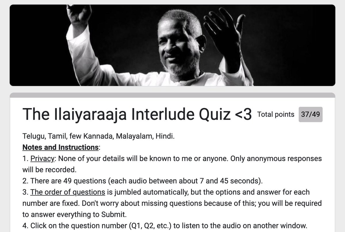 milliblog's tweet photo. This Ilayaraja prelude/interlude quiz by @abhignarigala is easily THE BEST I have taken, https://t.co/9KZNzTKD9B Got 37/49.

The selection of songs, the wonderfully close choices that would challenge the most dedicated fan... brilliant! As a follow-up, a Spotify playlist 1/2 https://t.co/lt6x2Kjr5A