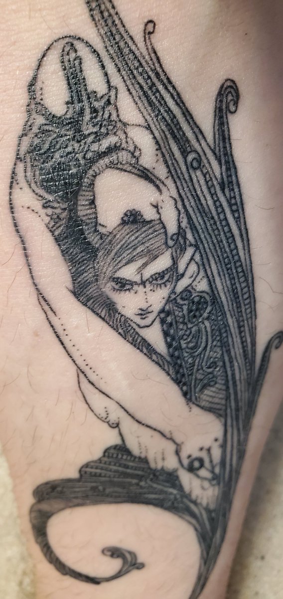 crackd_actor's tweet photo. I got this amazing new tattoo from @GoodLandTattoo. A Harry Clarke reproduction with astounding detail! 
#tattoo #inked https://t.co/7pqJRVKjSJ