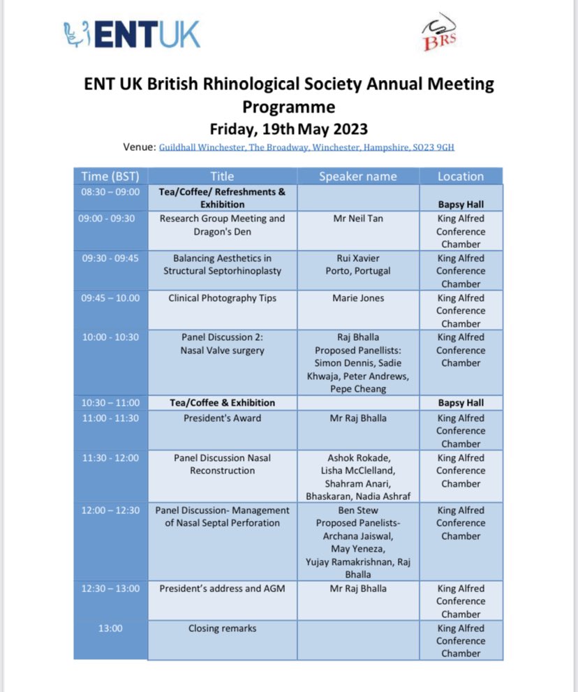 Just under 8 weeks to go to the <a href="/brsjuniors/">BRS Juniors</a> and <a href="/BritishRhinoSoc/">BRS</a> Annual Meeting! Sign up now for a fantastic programme of talks on rhinology training, fellowships and research as well as an exciting networking evening dinner at the Guildhall! entuk.org/events/32/brs_…