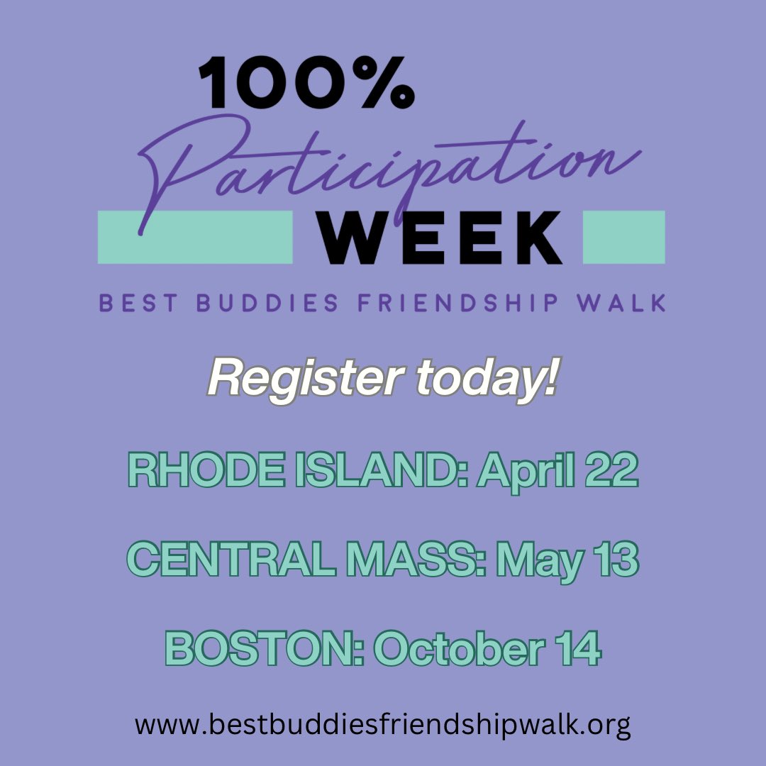 It’s 100% Participation Week! 🥳

If you support Best Buddies, a great way to show it is by registering for a Friendship Walk!

100% participation means everyone has the opportunity to be involved. We just can’t wait to celebrate inclusion! 

Link in bio to register or donate 🔗