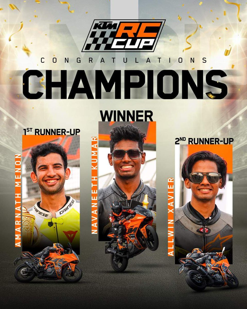 India_KTM's tweet photo. Intense battles, breathtaking speeds, and soaring adrenaline levels have brought us the winners of the KTM RC CUP. Enjoy your moment in glory, and your journey to Austria is about to begin. 

#GetSetPro #ktmindia #RCCupFinale #KTMRC #RaceChampions #Winners #Champions #ReadyToRace https://t.co/NUoU7V5M6d