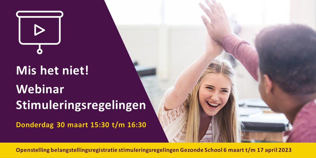 GezondeSchoolNL's tweet photo. Twijfel je nog voor welke #stimuleringsregeling(en) je jouw school wilt inschrijven? Meld je dan aan voor de #Webinar Stimuleringsregelingen https://t.co/fATmEK00uz door #GezondeSchool. Donderdag 30 maart van 15:30 t/m 16:30 uur. Alle regelingen komen daar in vogelvlucht voorbij! https://t.co/qtgRxmgUxu
