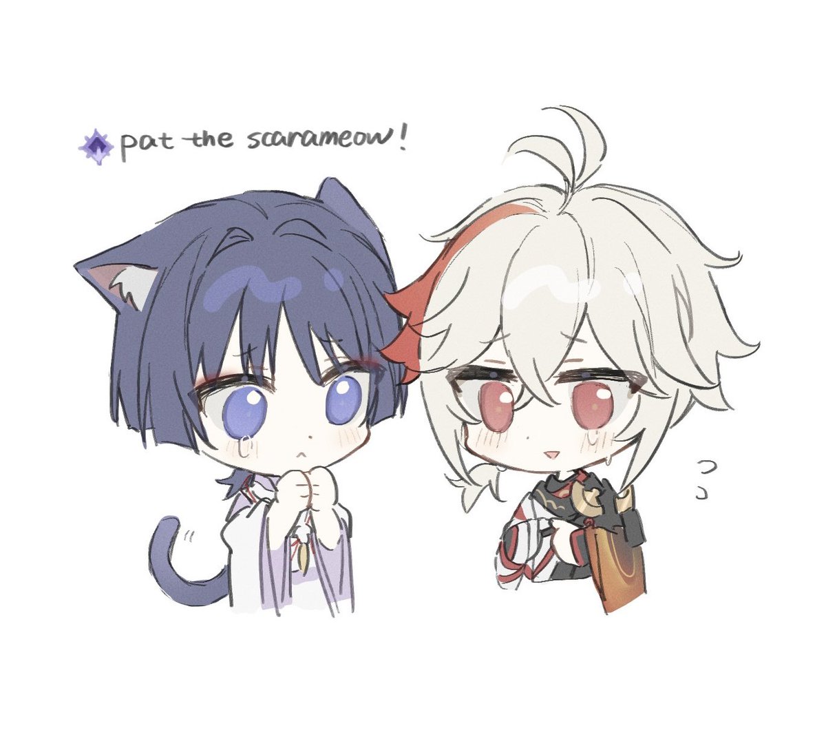 kaedehara kazuha ,scaramouche (genshin impact) multiple boys animal ears 2boys cat ears red hair red eyes cat tail  illustration images