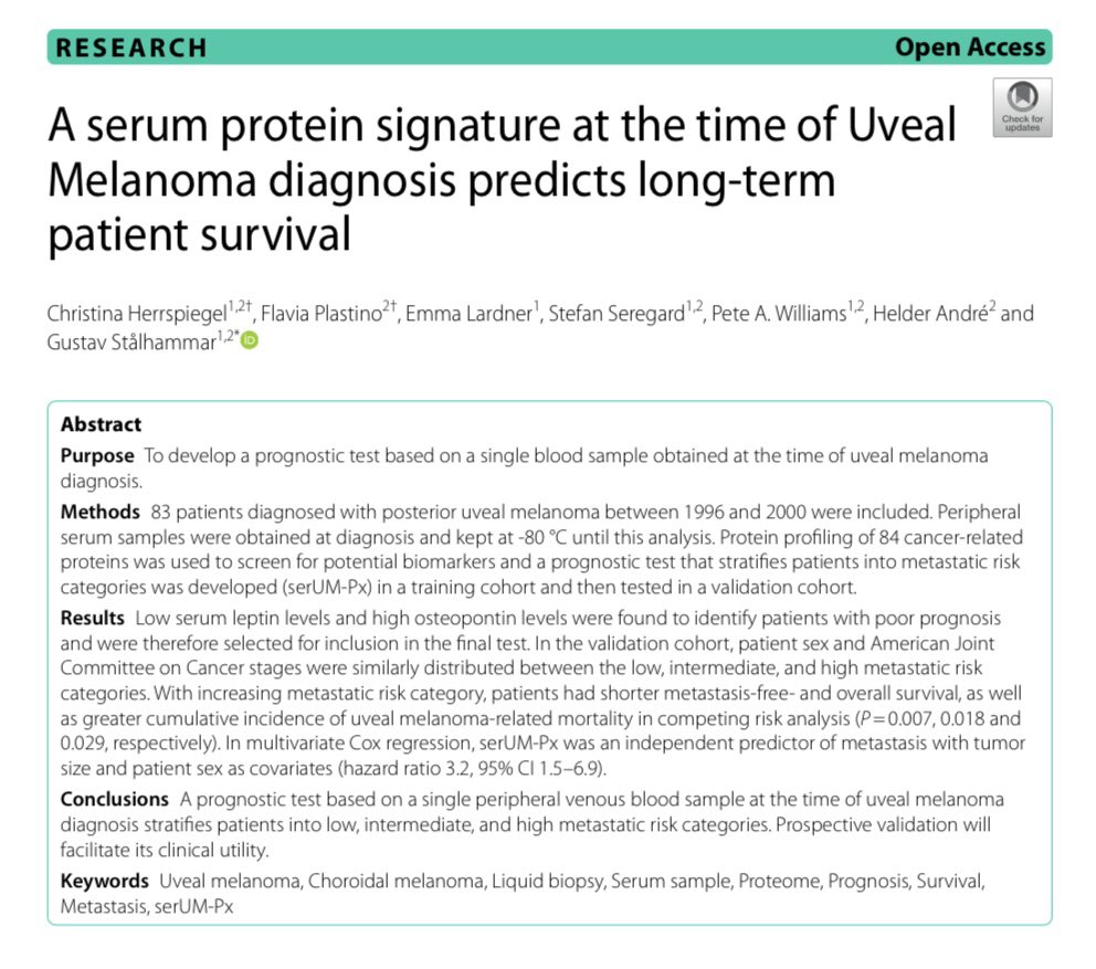 A single peripheral blood sample at the time of uveal melanoma diagnosis predicts a patient’s long-term prognosis! (thread, 1/5) @StEriksogon @BMC_series #liquidbiopsy bmccancer.biomedcentral.com/articles/10.11…